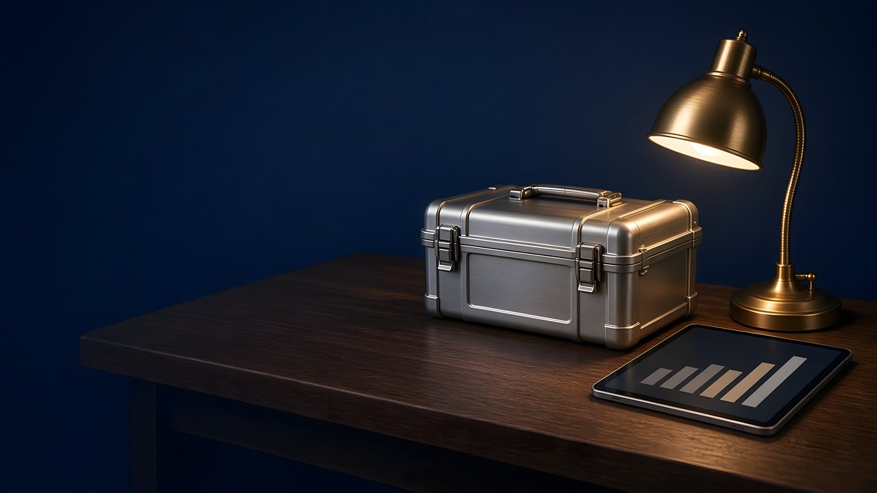 Service tool case and tablet on a wood desk under a brass lamp